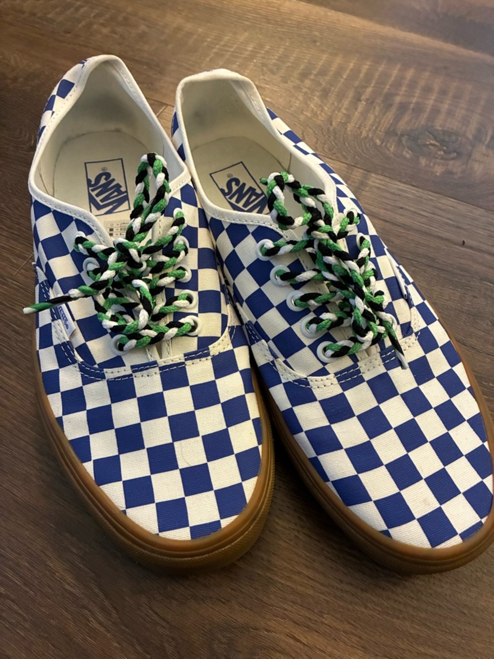 Vans Blue & White Checkerboard Low Top Sneakers with Brown Gum Sole